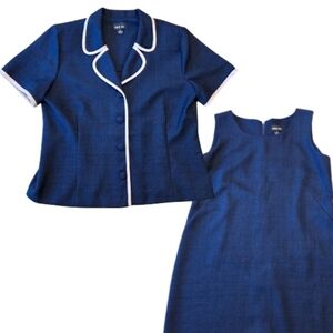 Vintage Leslie Fay 16 Navy Blue 2 Pc Dress Suit Set Tan Trim Jacket Dress Office